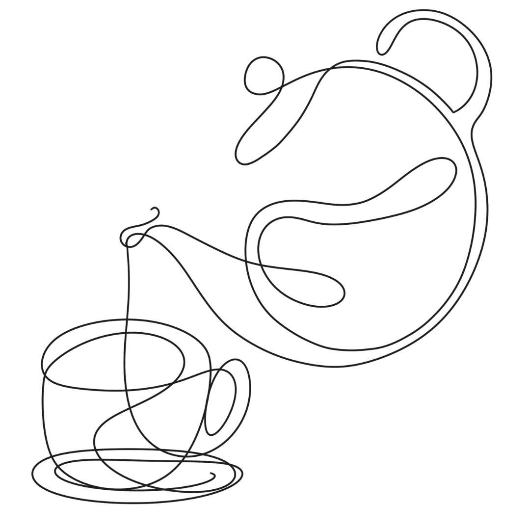Line drawing of a teapot pouring tea into a cup